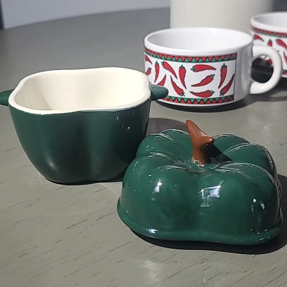 Stackable Red Chili Pattern Ceramic Mugs With Pepper Condiment Bowl - Picture 4 of 9